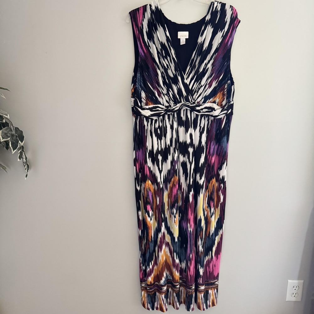 Chico's Dress Womens 3 Multicolor Ikat Print Sleeveless Maxi V Neck Empire Waist